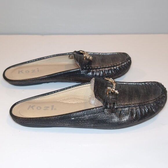 Kozi Metallic Loafer Shoes Vegan Faux Leather Rhinestone Buckle Slip On Flats - Picture 6 of 13